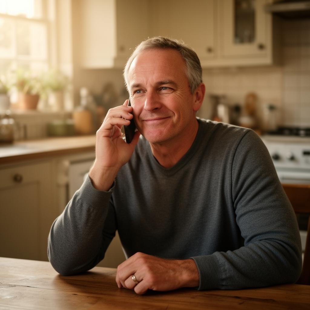 Adult son speaking calmly on the phone in his kitchen