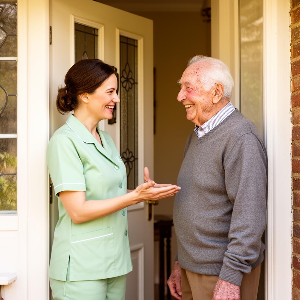 Friendly carer warmly greeting an elderly gentleman at the front door